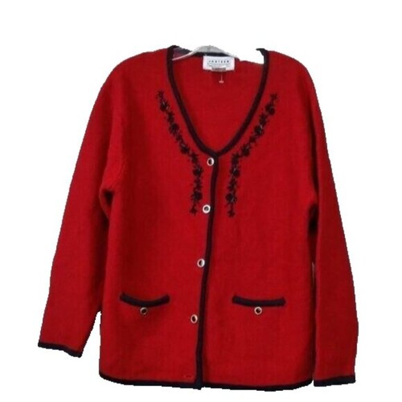 Vintage 90s JANSEN Womens Wool Blend Cardigan Medium Red Beaded Floral Holiday - Picture 1 of 8